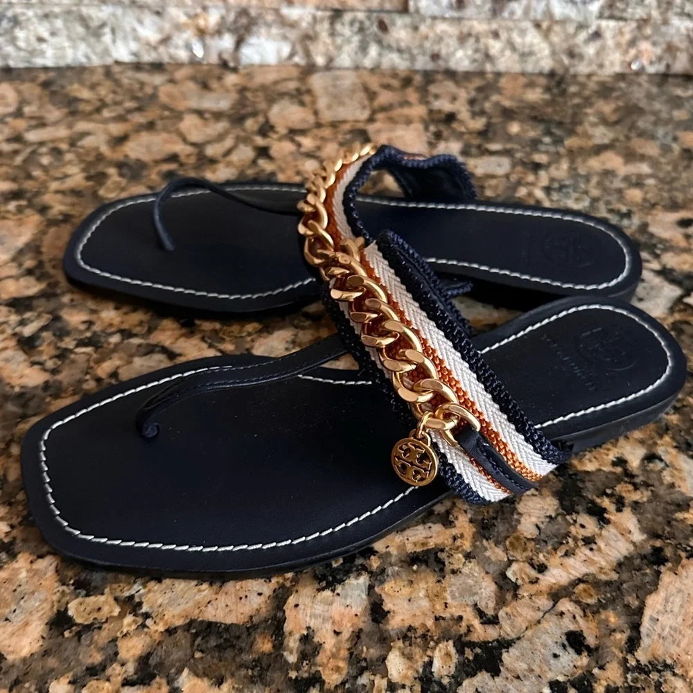 Tory Burch Mini Benton Gold Chain Band Sandal Navy Yonder